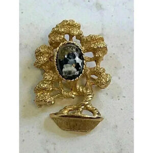 AMWAY Vintage Brooch Bonsai Tree of Love Black Confetti Cabochon Gold Tone Pin